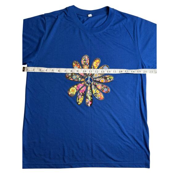 Blue Peace Sign Daisy Flower Power T-Shirt XL Hippie Retro Festival Tee - Picture 6 of 6